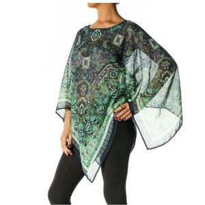 DANA BUCHMAN Green/Blue Medallion/Paisley Lightweight Scoop Neck Point Poncho L